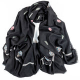 Hand Embroidered Pashmina Cashmere Shawl - Black & Pastel Detail