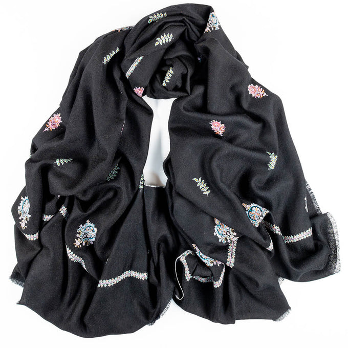 Hand Embroidered Pashmina Cashmere Shawl - Black & Pastel Detail