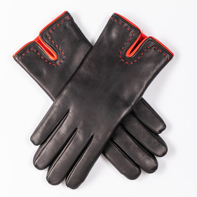 Black and Red Rabbit Fur Lined Leather Gloves