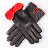 Black and Red Rabbit Fur Lined Leather Gloves