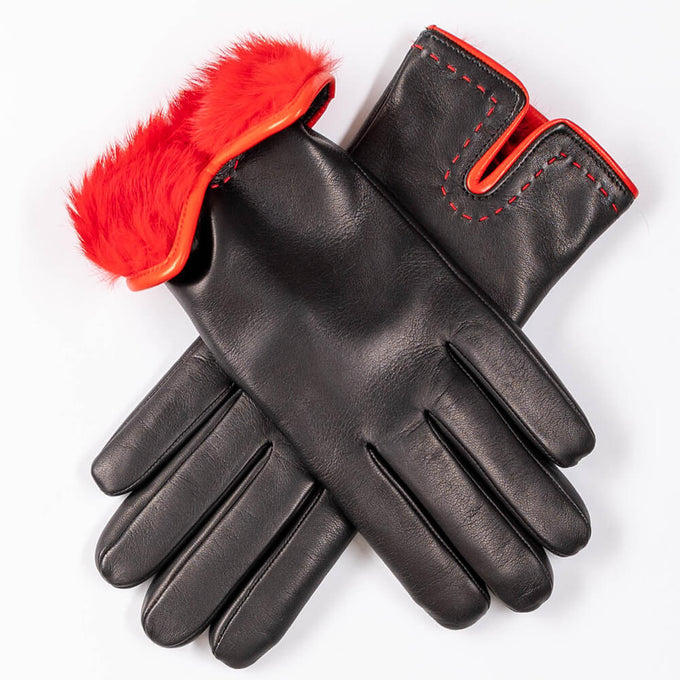 Black and Red Rabbit Fur Lined Leather Gloves