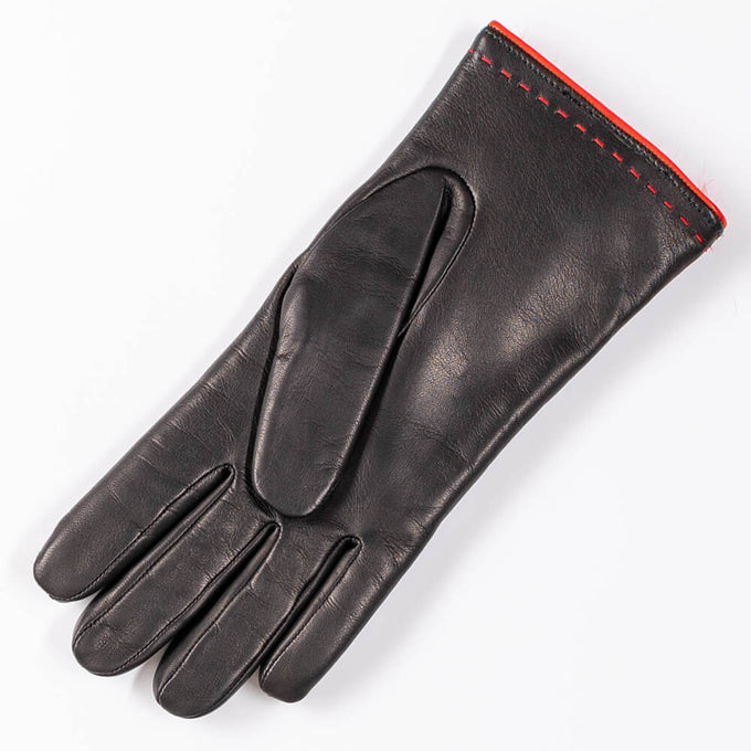 Black and Red Rabbit Fur Lined Leather Gloves