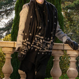 Hand Embroidered Pashmina Cashmere Shawl - Black & Silvery White