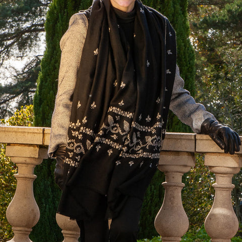 Hand Embroidered Pashmina Cashmere Shawl - Black & Silvery White