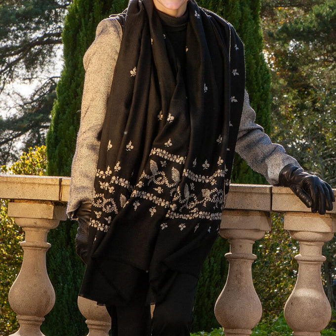 Hand Embroidered Pashmina Cashmere Shawl - Black & Silvery White
