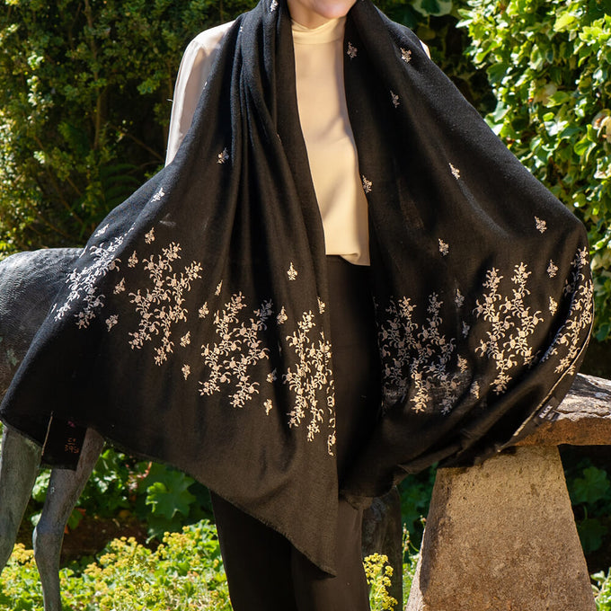Hand Embroidered Pashmina Cashmere Shawl - Black & Silvery White