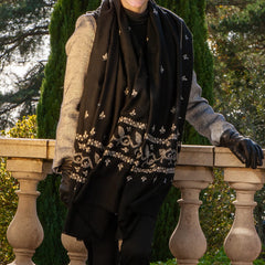Hand Embroidered Pashmina Cashmere Shawl - Black & Silvery White