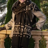 Hand Embroidered Pashmina Cashmere Shawl - Black & Silvery White