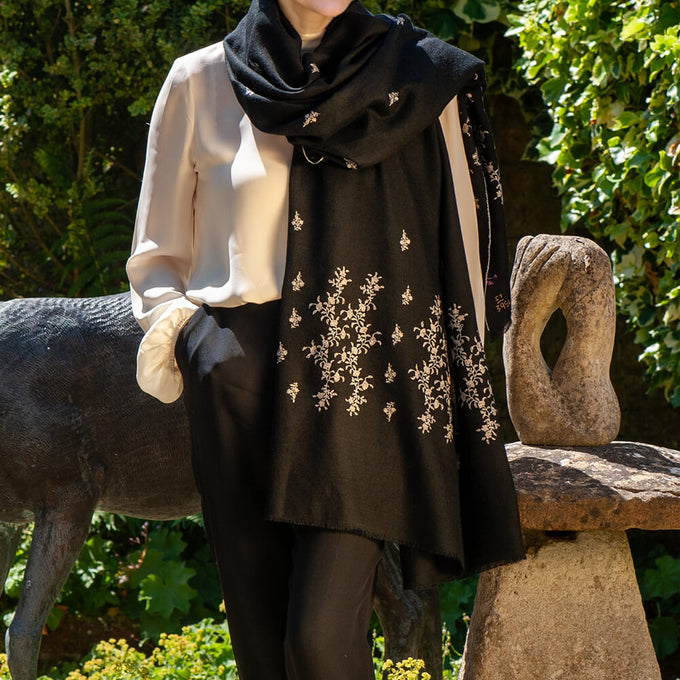 Hand Embroidered Pashmina Cashmere Shawl - Black & Silvery White