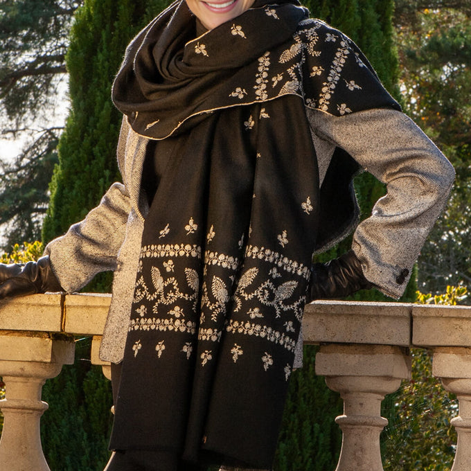 Hand Embroidered Pashmina Cashmere Shawl - Black & Silvery White