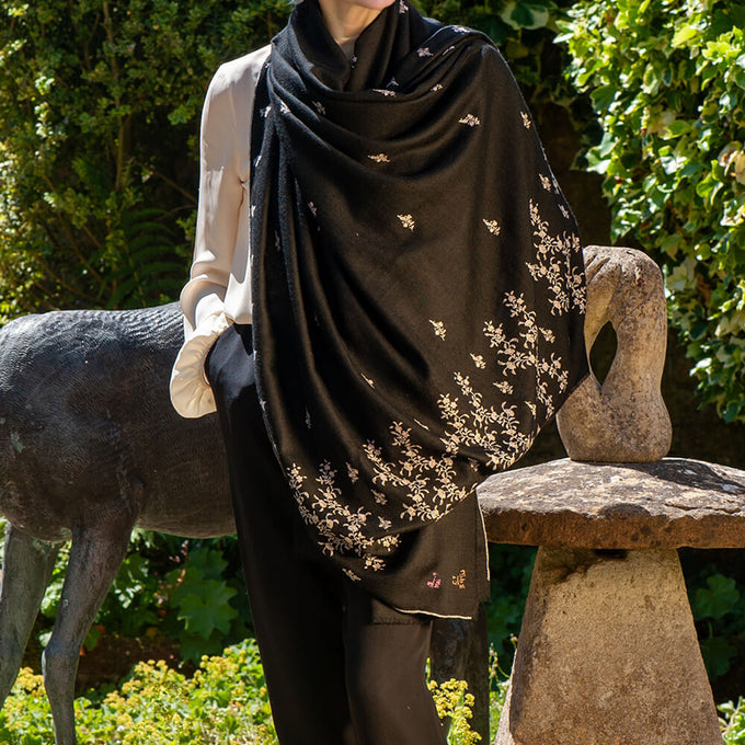 Hand Embroidered Pashmina Cashmere Shawl - Black & Silvery White