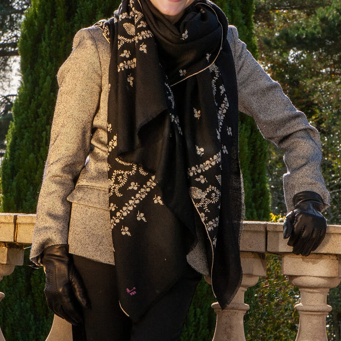 Hand Embroidered Pashmina Cashmere Shawl - Black & Silvery White