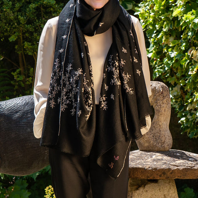 Hand Embroidered Pashmina Cashmere Shawl - Black & Silvery White