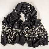 Hand Embroidered Pashmina Cashmere Shawl - Black & Silvery White