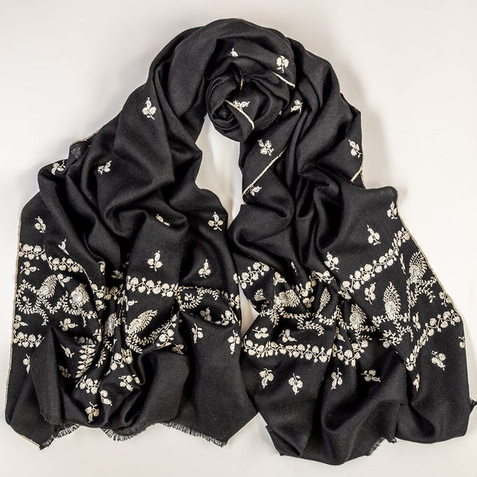 Hand Embroidered Pashmina Cashmere Shawl - Black & Silvery White