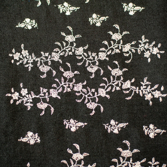 Hand Embroidered Pashmina Cashmere Shawl - Black & Silvery White