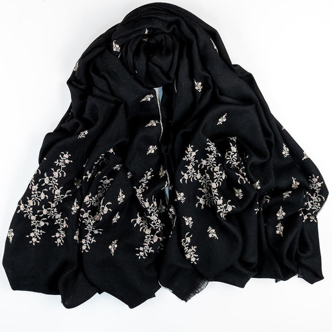Hand Embroidered Pashmina Cashmere Shawl - Black & Silvery White