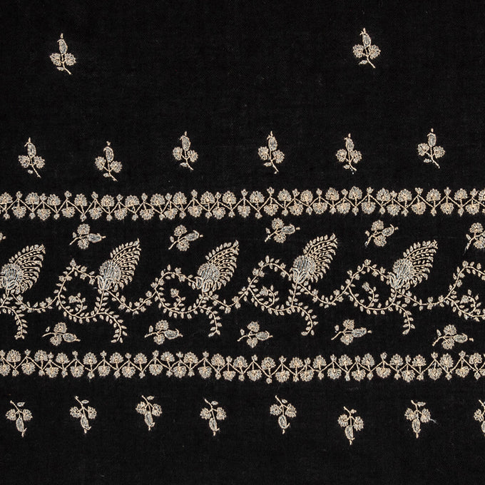 Hand Embroidered Pashmina Cashmere Shawl - Black & Silvery White