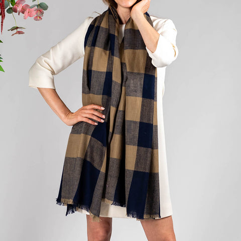 Navy and Biscuit Check Cashmere Shawl