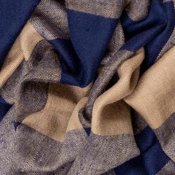 Navy and Biscuit Check Cashmere Shawl