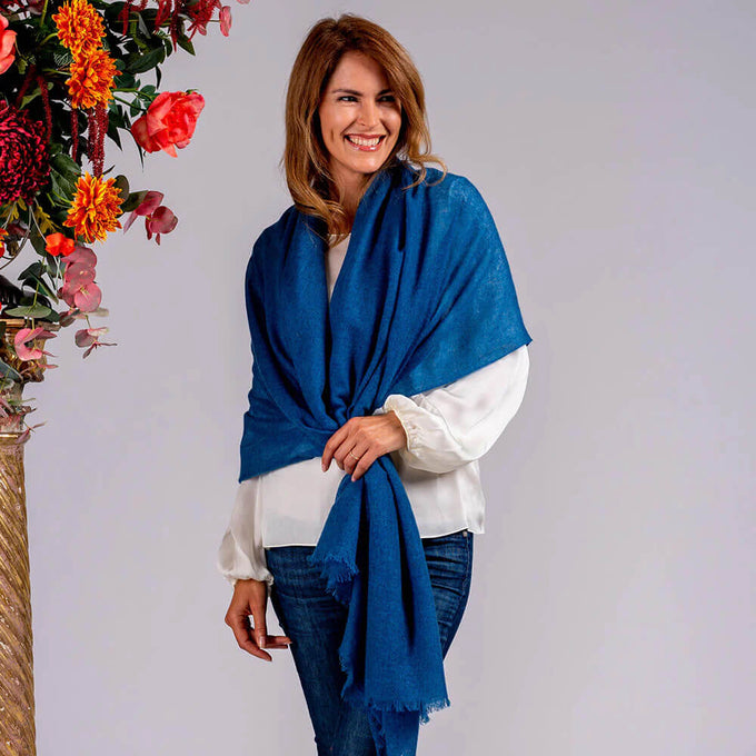 Blue Gossamer Cashmere Shawl & Cashmere Slouch Beanie Set
