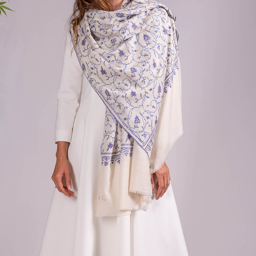 Hand Embroidered Blue Floral Pashmina Cashmere Shawl –