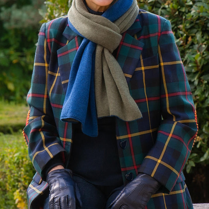 Olive & Cobalt Double Faced Italian Cashmere Scarf