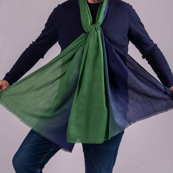 Classic Navy to Green Fine Wool and Silk Scarf
