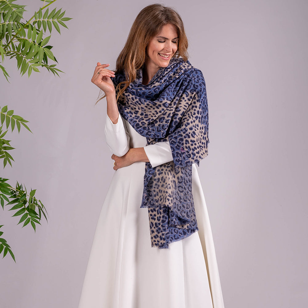 French Blue Leopard Print Pashmina Cashmere Shawl