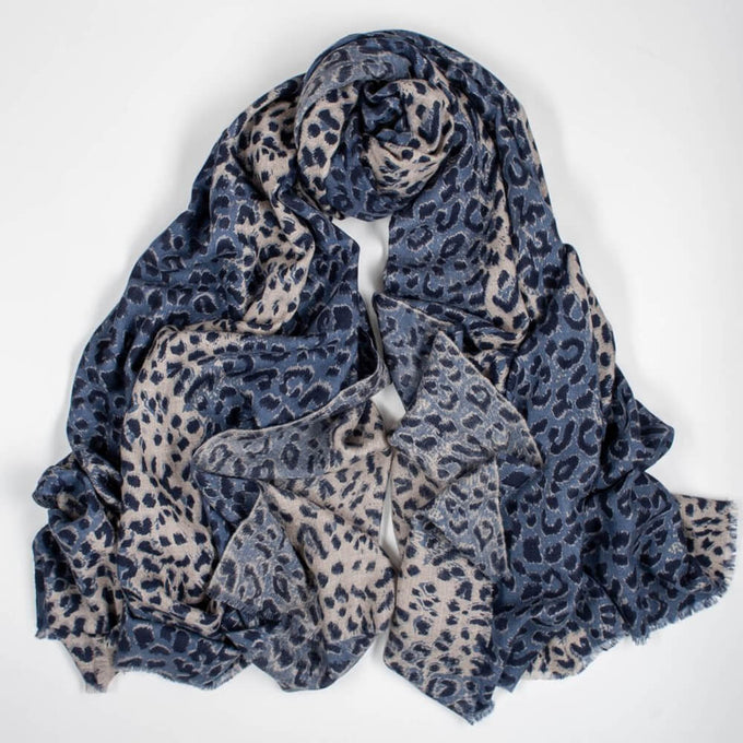 French Blue Leopard Print Pashmina Cashmere Shawl