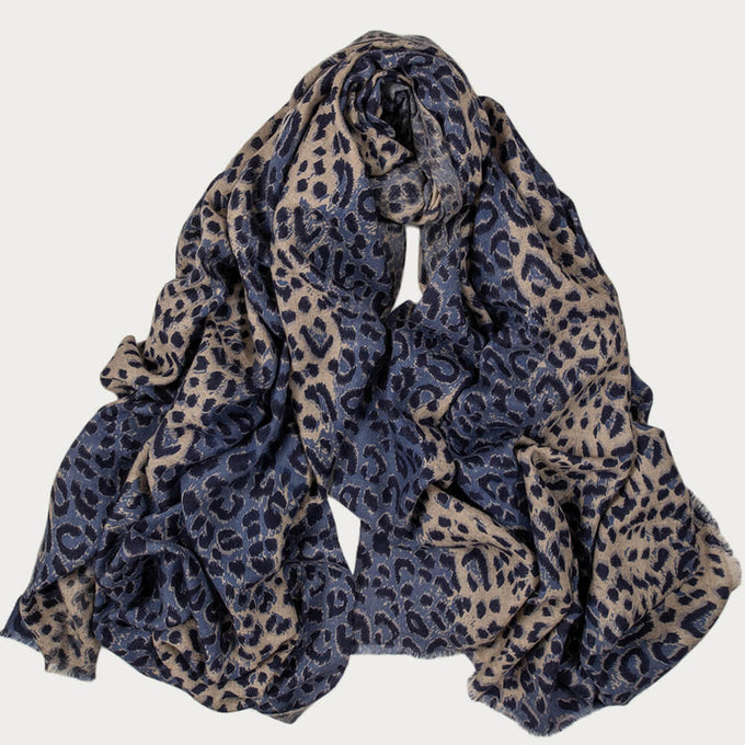 French Blue Leopard Print Pashmina Cashmere Shawl