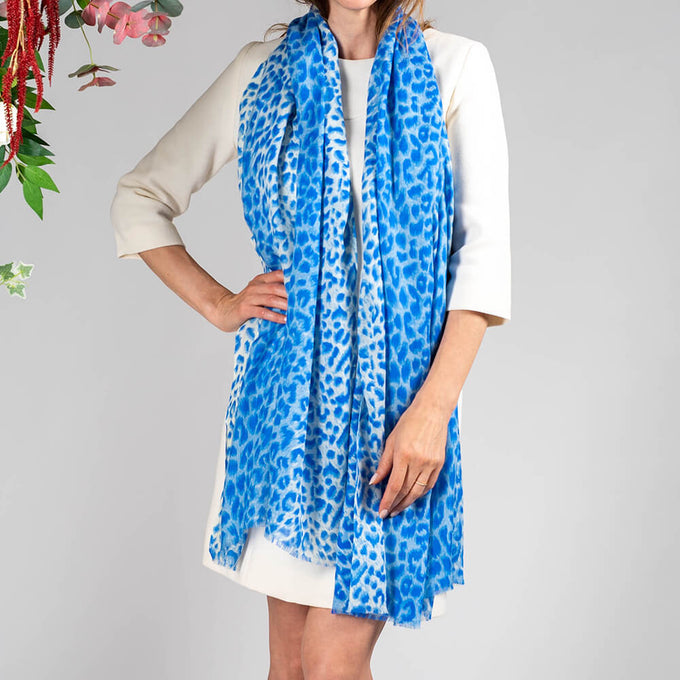 True Blue Leopard Print Cashmere and Silk Wrap