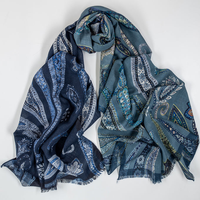 Spello Blue and Teal Paisley Wool Scarf