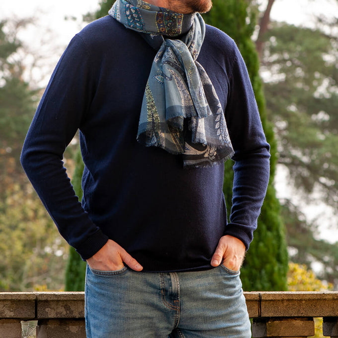 Spello Blue and Teal Paisley Wool Scarf