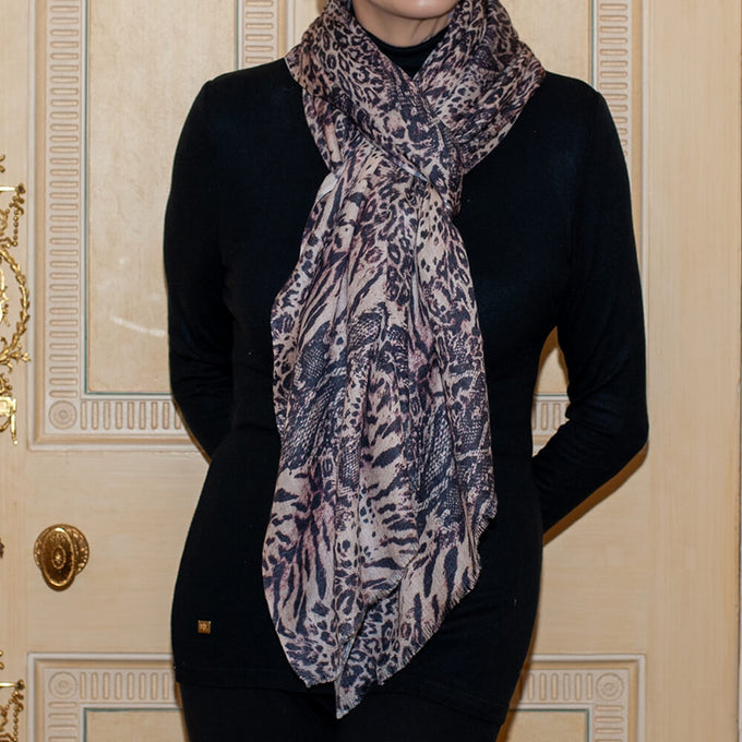 PRE ORDER: Wild Fusion Brown Animal Print Cashmere and Silk Wrap