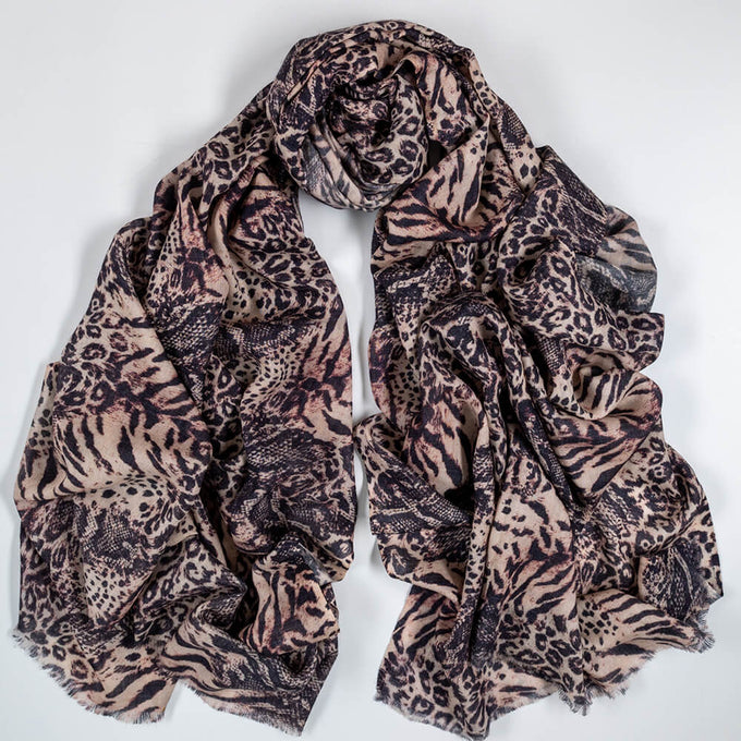 PRE ORDER: Wild Fusion Brown Animal Print Cashmere and Silk Wrap