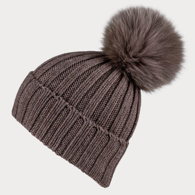 Tawny Brown Cashmere and Fur Pom Pom Hat