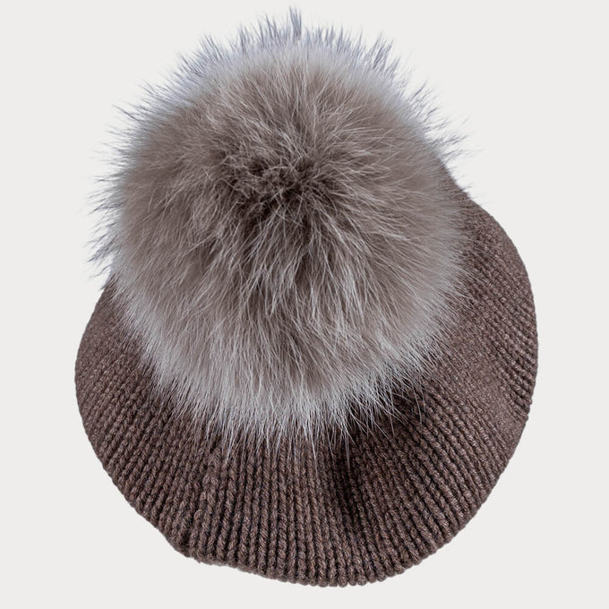 Tawny Brown Cashmere Fur Pom Pom Beret