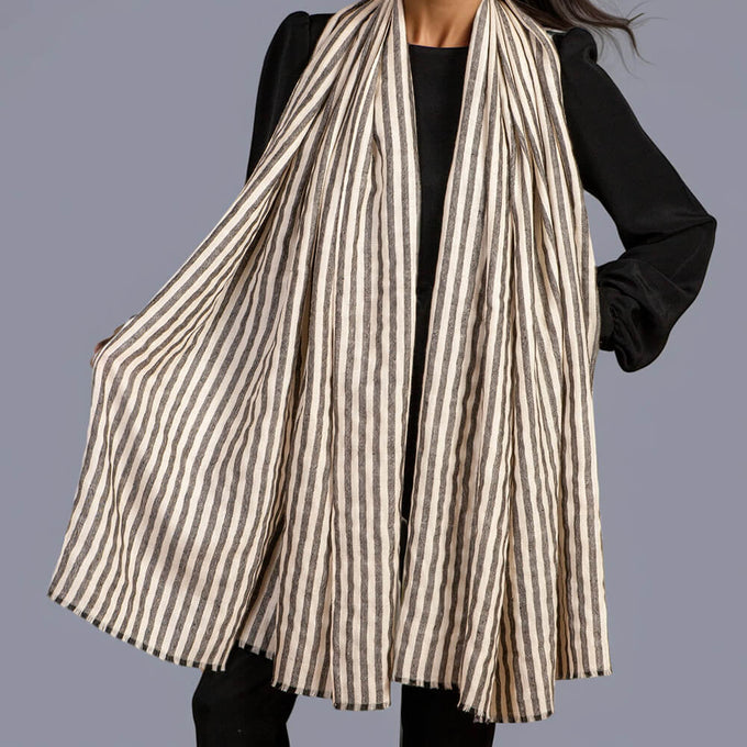 Grey and Ivory Stripes Pashmina Cashmere Shawl