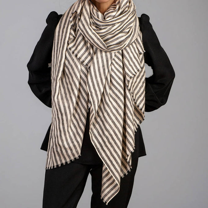 Grey and Ivory Stripes Pashmina Cashmere Shawl