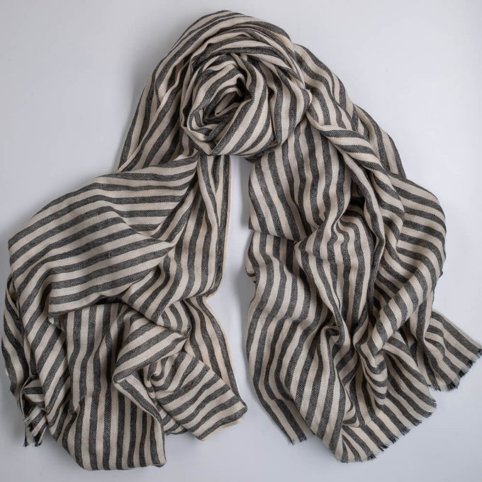 Grey and Ivory Stripes Pashmina Cashmere Shawl