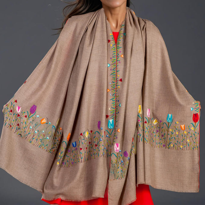 Hand Embroidered Pashmina Shawl - Tulip Garden