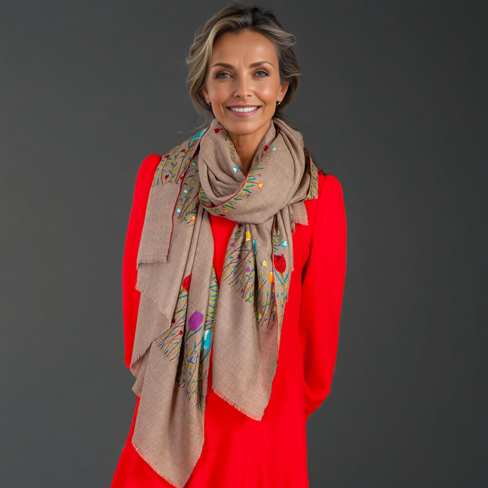 Hand Embroidered Pashmina Shawl - Tulip Garden