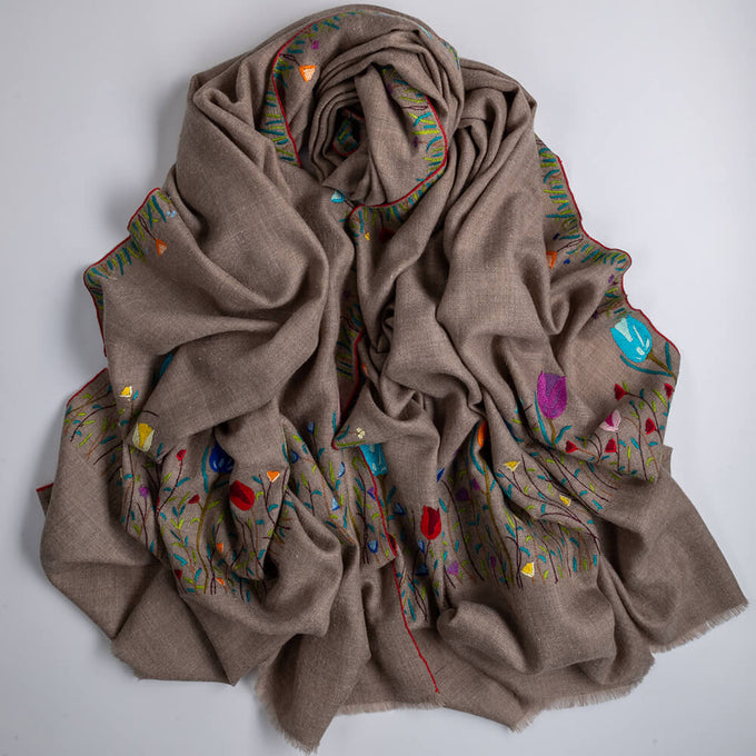 Hand Embroidered Pashmina Shawl - Tulip Garden