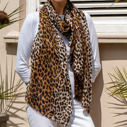Brown Leopard Print Cashmere and Silk Scarf
