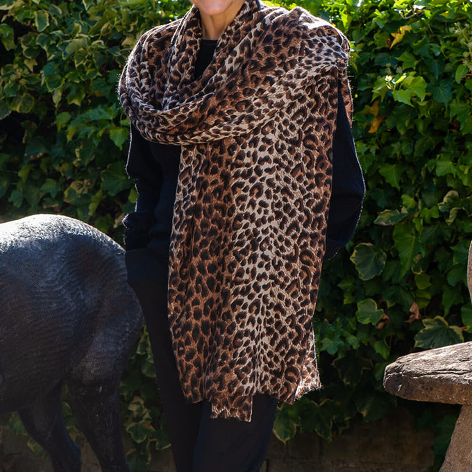 Supersize Brown Leopard Print Cashmere and Silk Shawl
