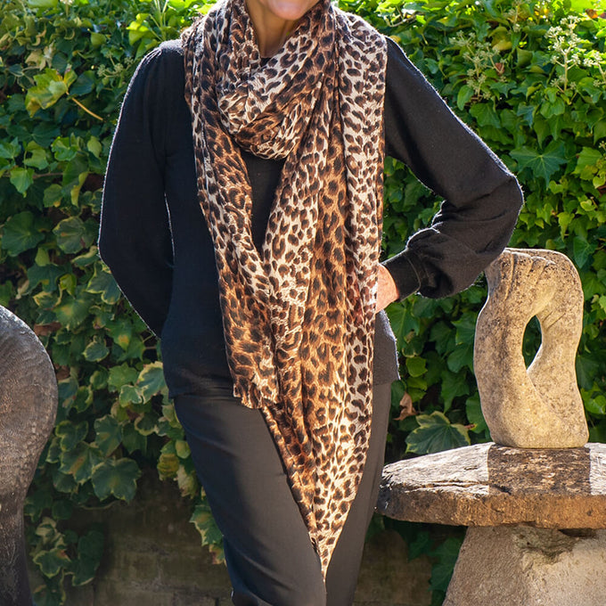 Supersize Brown Leopard Print Cashmere and Silk Shawl
