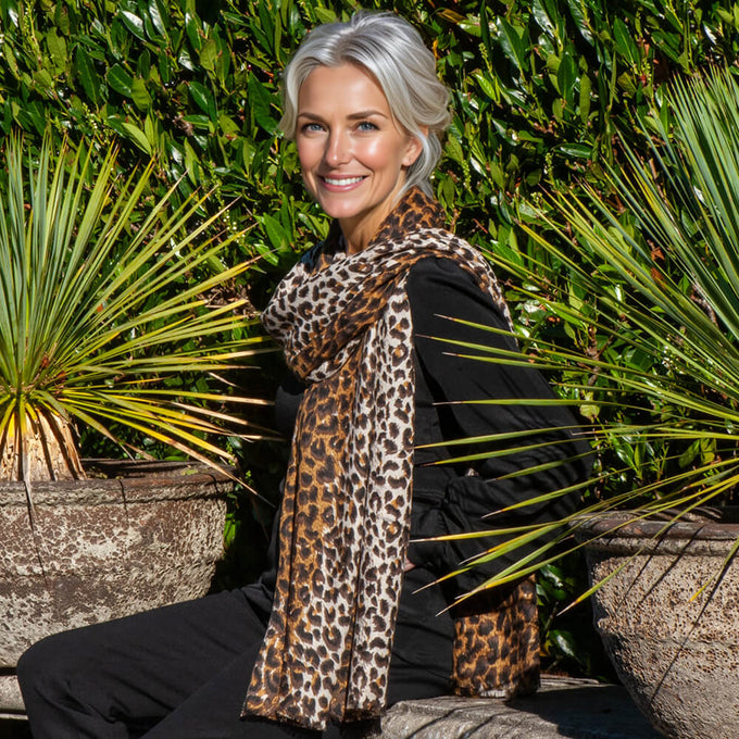 Brown Leopard Print Cashmere and Silk Scarf