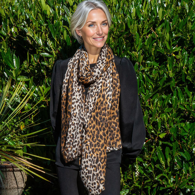 Brown Leopard Print Cashmere and Silk Scarf