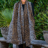 Brown Leopard Print Cashmere and Silk Scarf